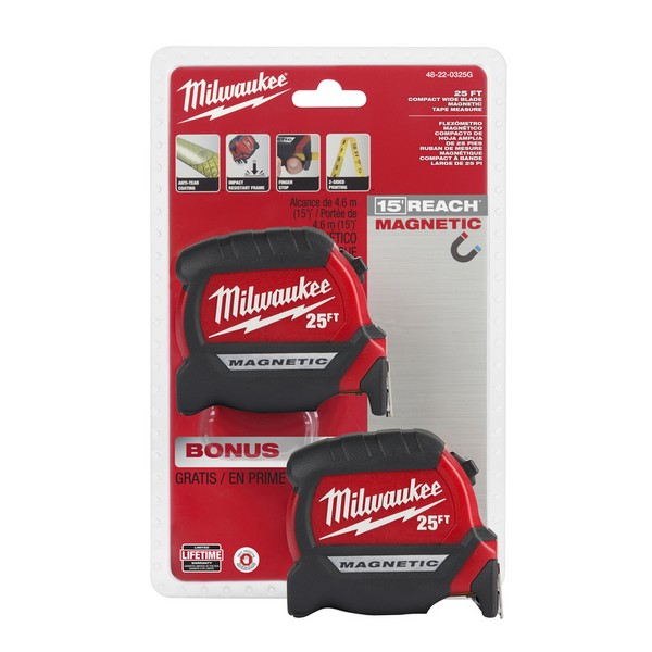 Milwaukee 25 ft. L X 1 in. W Compact Wide Blade Magnetic Tape Measure 2 pk