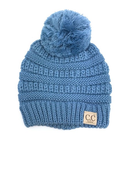 Kid's Knit CC Beanie with Pom - Denim