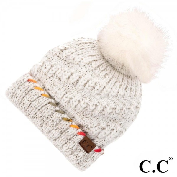 Ladies CC Knit Beanie with Pom - Ivory