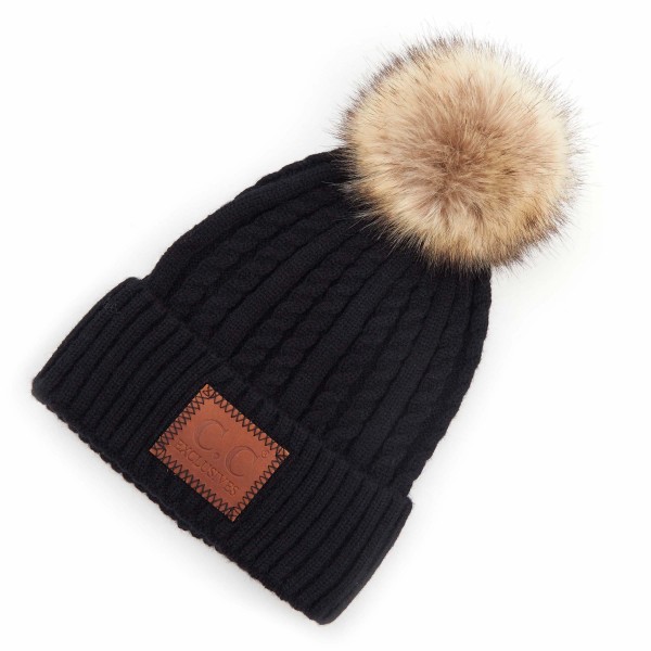 Ladies CC Knit Beanie with Leather Patch & Pom - Black