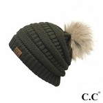 Ladies Slouchy CC Beanie with Fur Pom - Olive