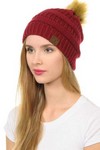 Ladies Slouchy CC Beanie with Fur Pom - Burgandy