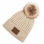 Ladies CC Knit Beanie with Leather Patch & Pom - Beige