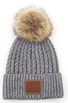 Ladies CC Knit Beanie with Leather Patch & Pom - Light Gray