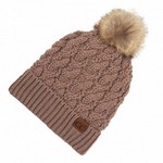 Ladies Ribbed Knit CC Beanie with Fur Pom - Taupe