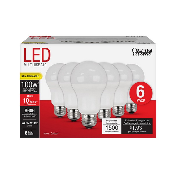 Feit Electric A19 E26 (Medium) LED Bulb Warm White 100 W 6 pk