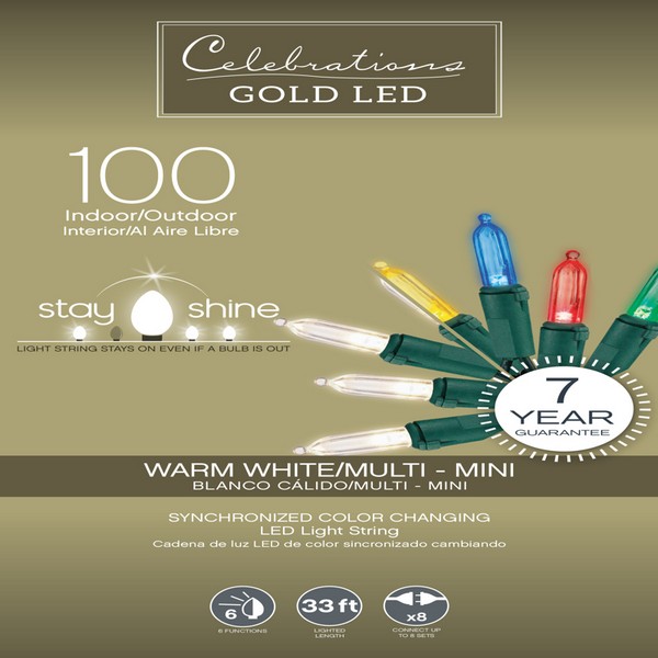 Celebrations Gold LED Mini Multicolored/Warm White 100 ct String Christmas