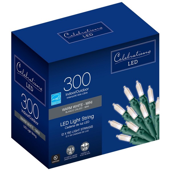 Celebrations LED Mini Clear/Warm White 300 ct String Christmas Lights 74.5 ft.