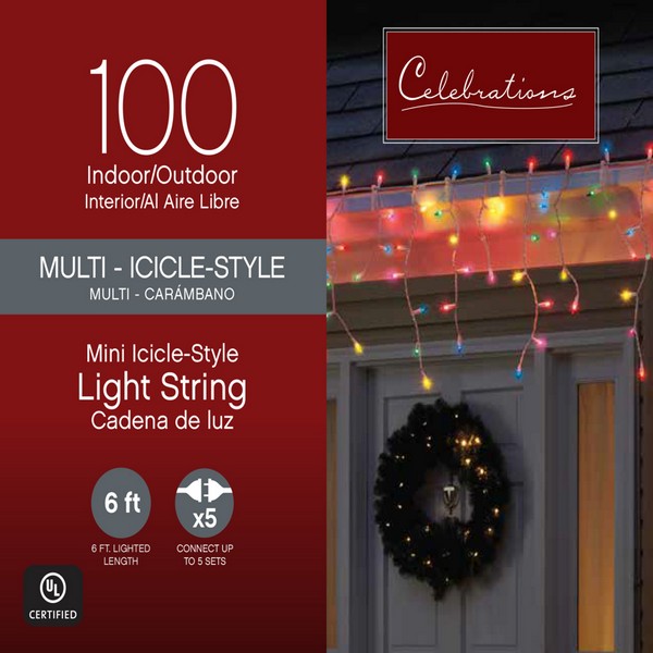 Celebrations Incandescent Mini Multicolored 100 ct Icicle Christmas Lights