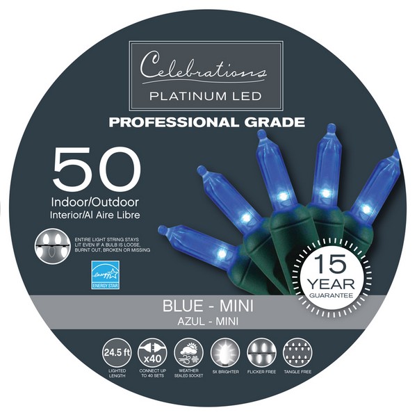 Celebrations Platinum LED Mini Blue 50 ct String Christmas Lights 24.5 ft.