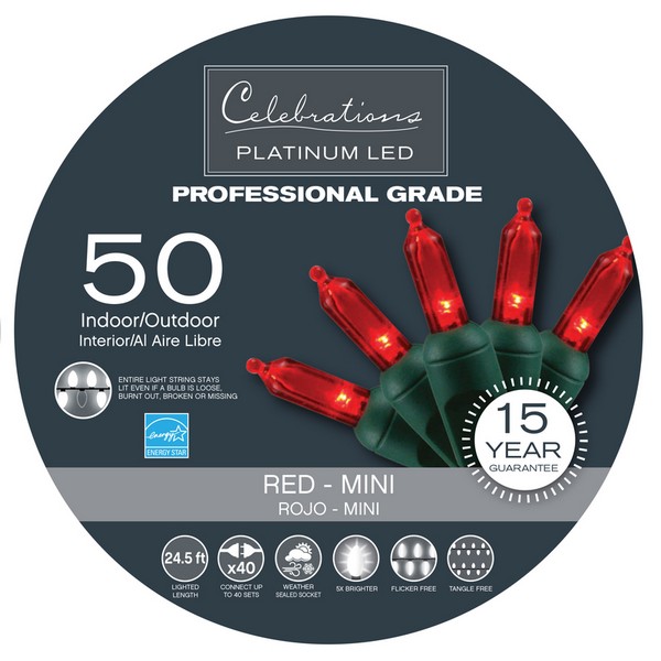 Celebrations Platinum LED Mini Red 50 ct String Christmas Lights 24.5 ft.