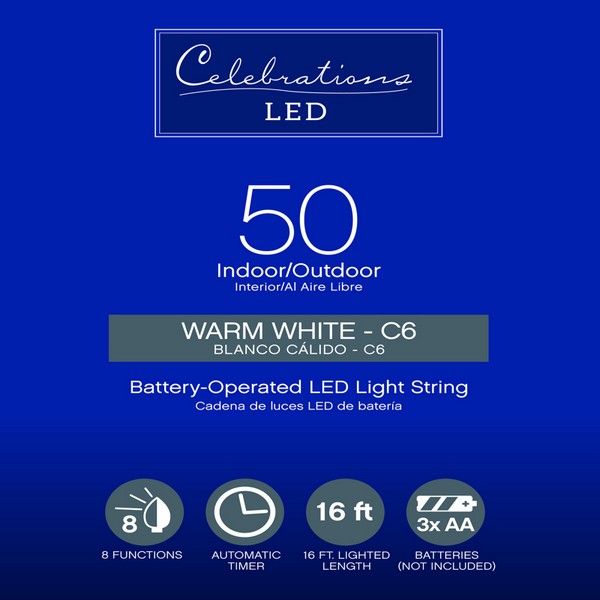 Celebrations LED C6 Clear/Warm White 50 ct String Christmas Lights 16 ft.