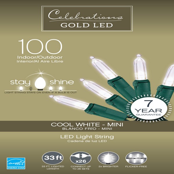 Celebrations Gold LED Mini Cool White 100 ct String Christmas Lights 33 ft.