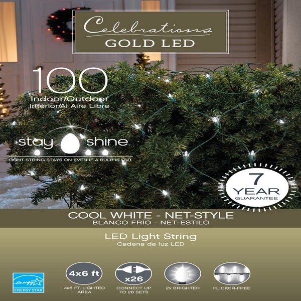 Celebrations Gold LED Mini Cool White 100 ct Net Christmas Lights 6 ft.