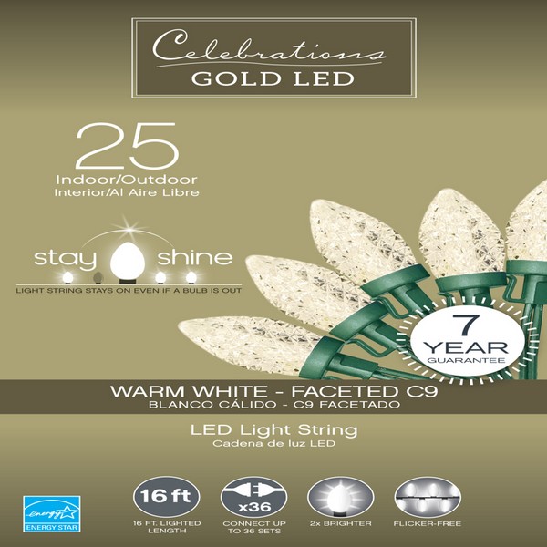 Celebrations Gold LED C9 Clear/Warm White 25 ct String Christmas Lights 16