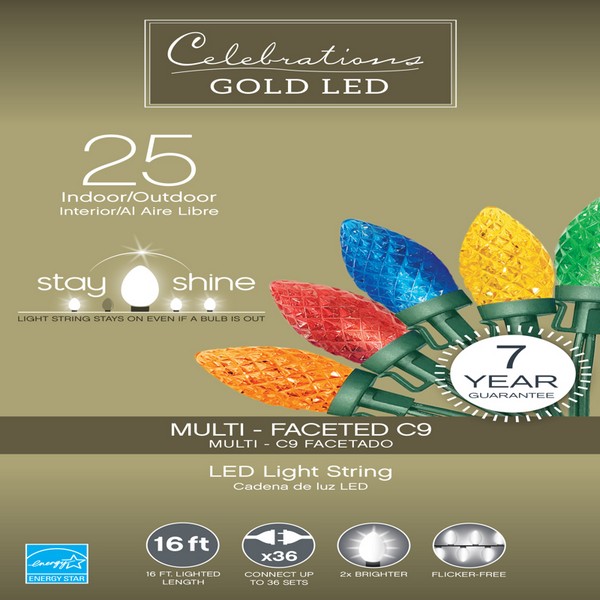 Celebrations Gold LED C9 Multicolored 25 ct String Christmas Lights 16 ft.