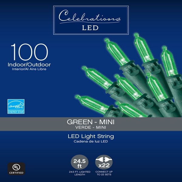 Celebrations LED Mini Green 100 ct String Christmas Lights 24.75 ft.