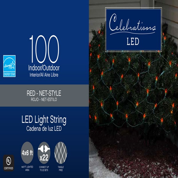 Celebrations LED Mini Red 100 ct Net Christmas Lights 6 ft.