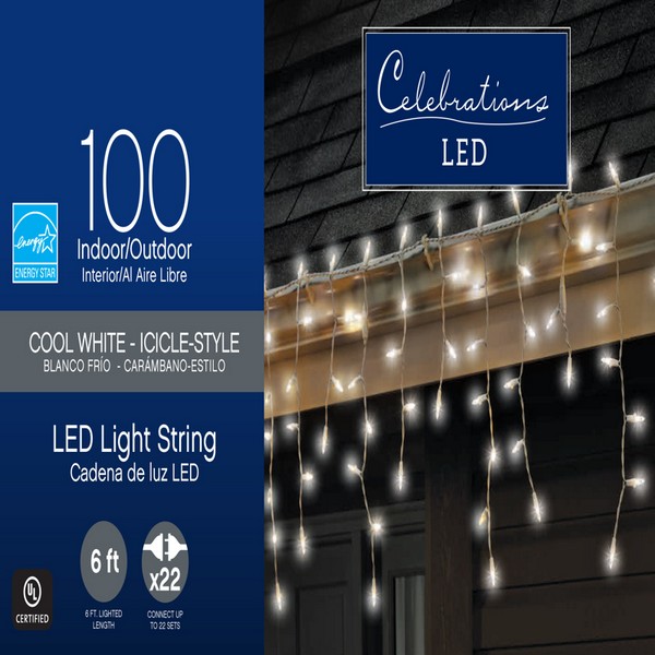 Celebrations LED Mini Cool White 100 ct Icicle Christmas Lights 5.67 ft.