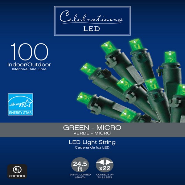 Celebrations LED Micro/5mm Green 100 ct String Christmas Lights 24.75 ft.