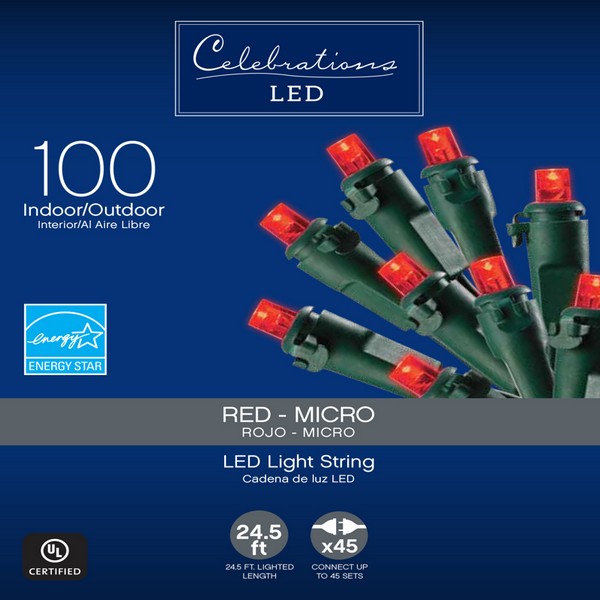 Celebrations LED Micro/5mm Red 100 ct String Christmas Lights 24.75 ft.