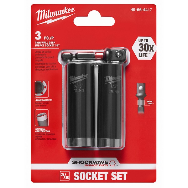Milwaukee SHOCKWAVE 1/2 in. S X 3/8 in. drive S SAE 6 Point Style Deep Impact Socket Set 3 pc