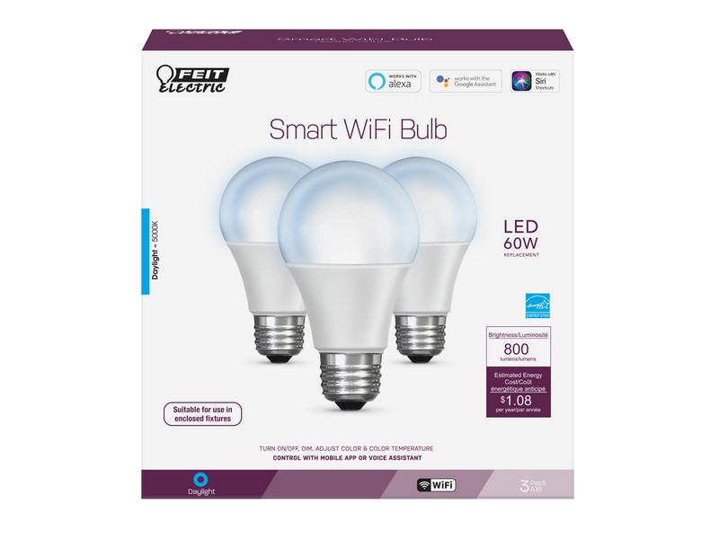 Feit Electric A19 E26 (Medium) LED Smart WiFi Bulb Daylight 60 W 3 pk