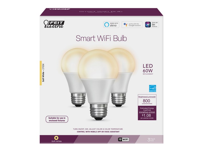 Feit Electric A19 E26 (Medium) LED Smart WiFi Bulb Soft White 60 W 3 pk