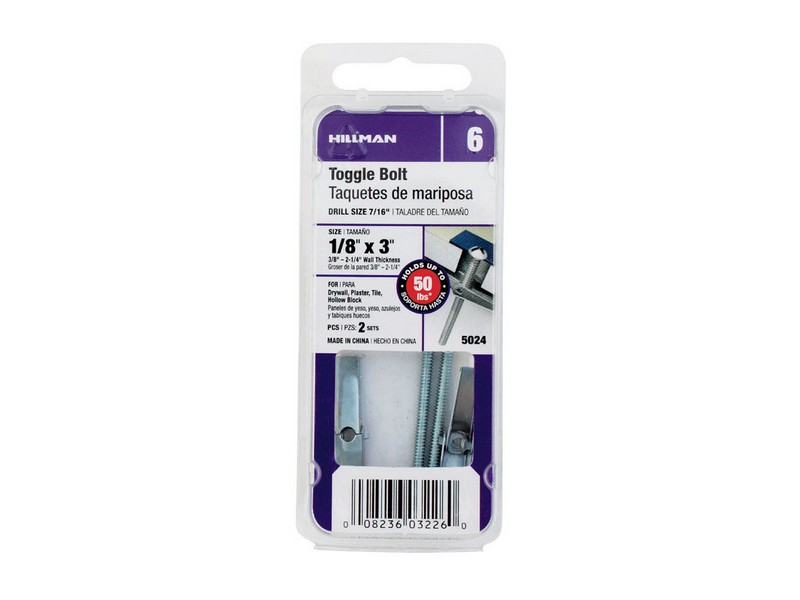 Hillman 1/8 in. D X 3 in. L Round Steel Toggle Bolt 2 pk