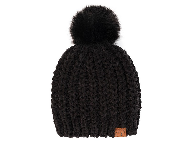 C.C Beanie Chenille Chunky Knit Faux Fur Pom Hat Black