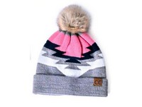 C.C Beanie Knit Aztec Pom Grey and Pink