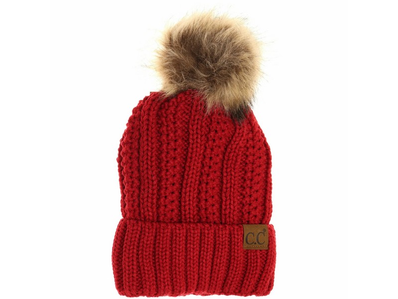 C.C Beanie Fuzzy Lined Fur Pom Red