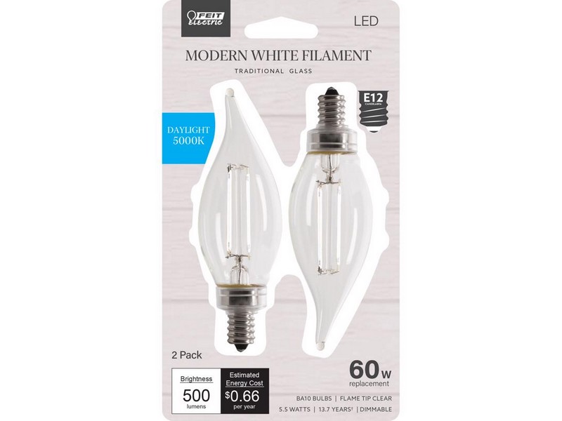 Feit Electric BA10 E12 (Candelabra) Filament LED Bulb Daylight 60 Watt Equivalence 2 pk