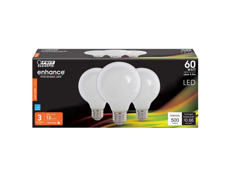 Feit Electric Enhance G25 E26 (Medium) Filament LED Bulb Soft White 60 W 3 pk