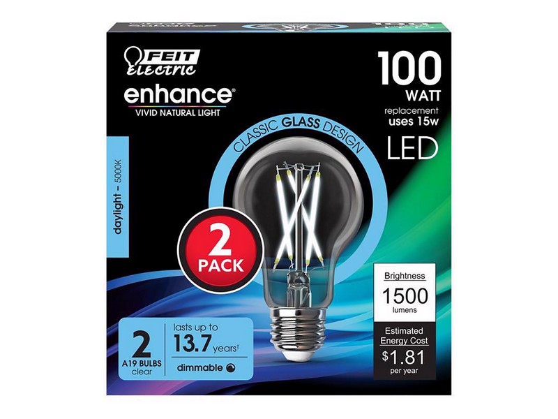 Feit A19 E26 (Medium) Filament LED Bulb Daylight 100 Watt Equivalence 2 pk