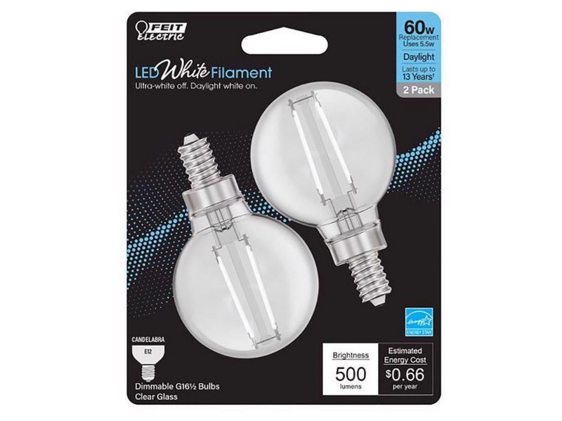 Feit White Filament G16.5 E12 Filament LED Bulb Daylight 60 Watt Equivalence