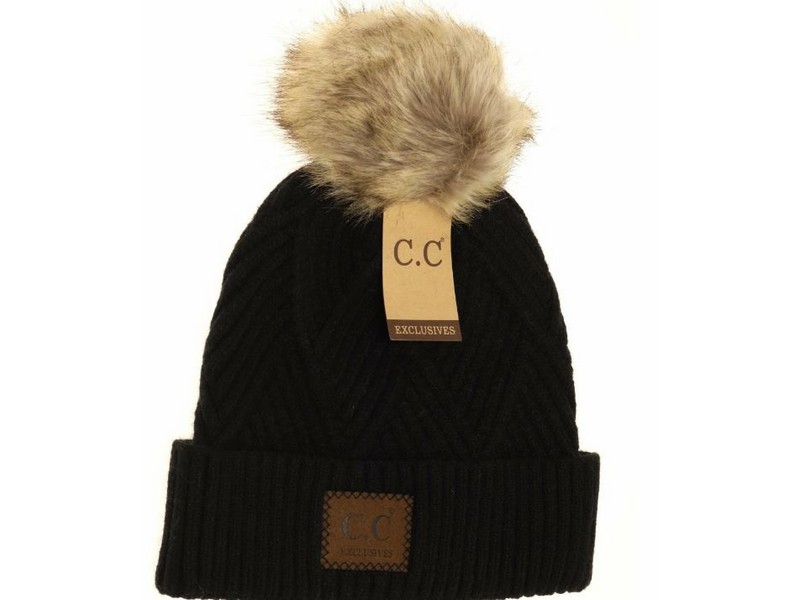 Large Patch Heathered Pom Beanie Black