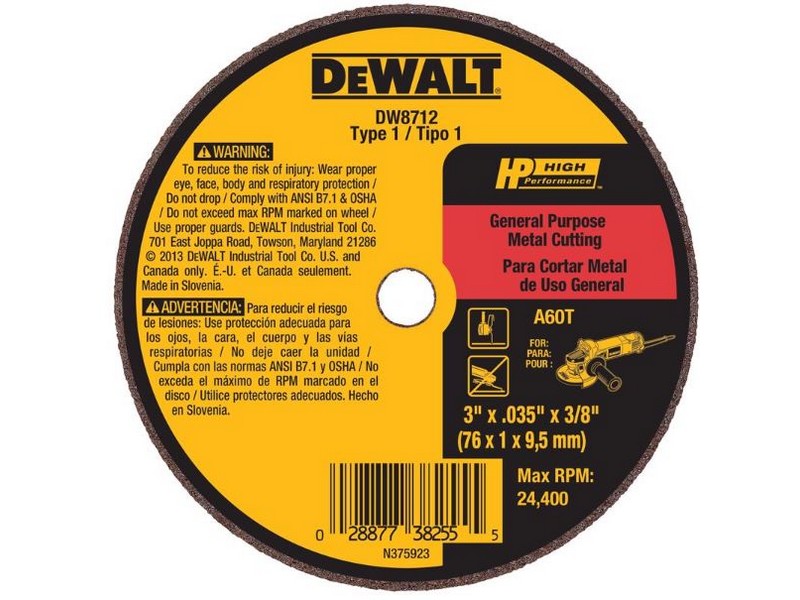 DeWalt HP 3 in. D X 3/8 in. Aluminum Oxide Abrasive Cut-Off Wheel 1 wheel