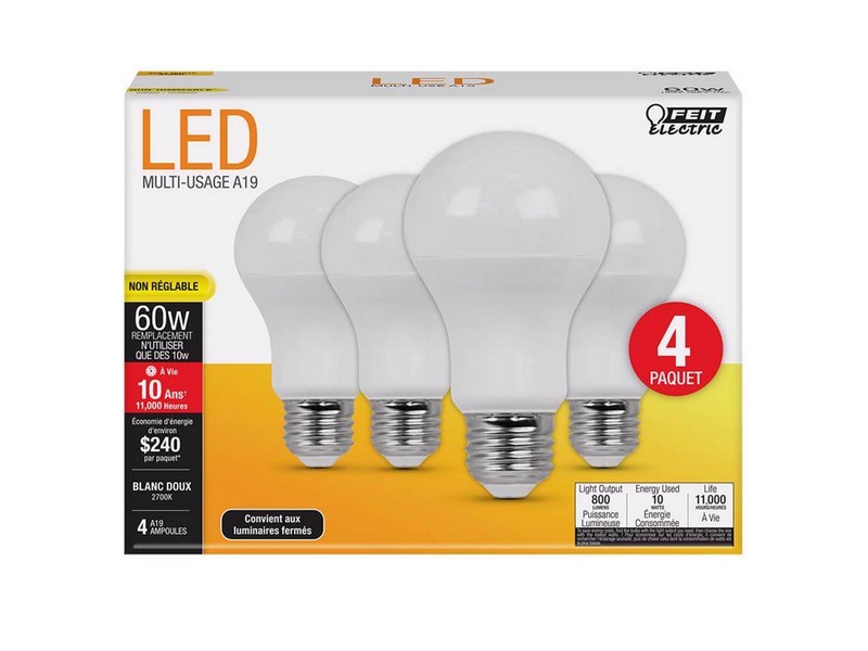 Feit Electric A19 E26 (Medium) LED Bulb Soft White 60 W 4 pk