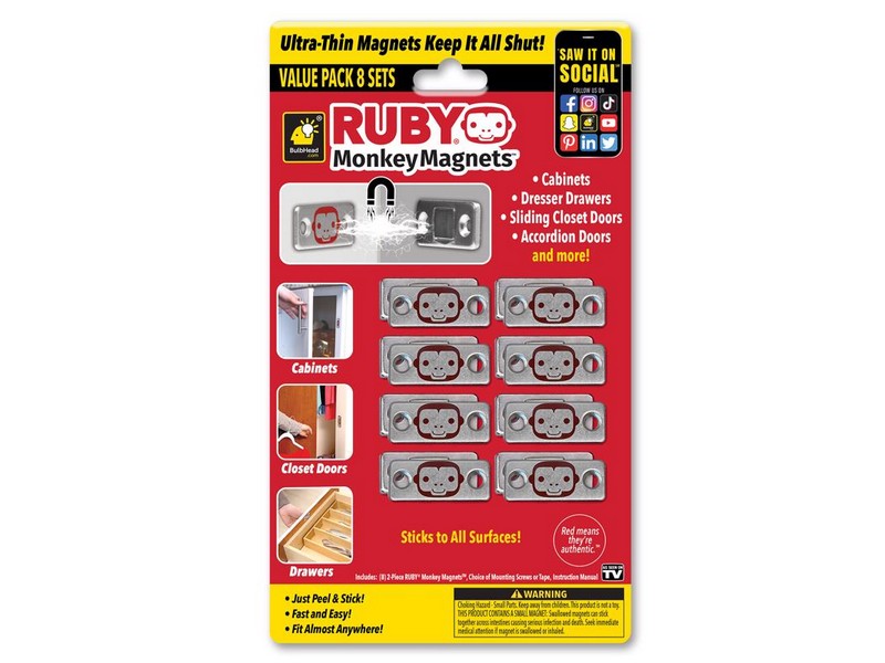 BulbHead Ruby Monkey Magnet Door & Drawer Closures 8 pk