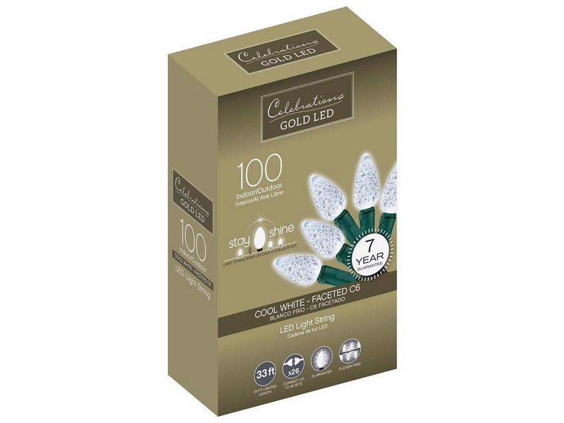 Celebrations Gold LED C6 Cool White 100 ct String Christmas Lights 33 ft.