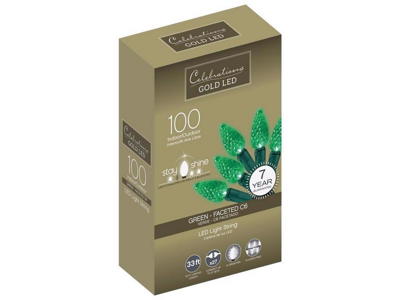 Celebrations Gold LED C6 Green 100 ct String Christmas Lights 33 ft.
