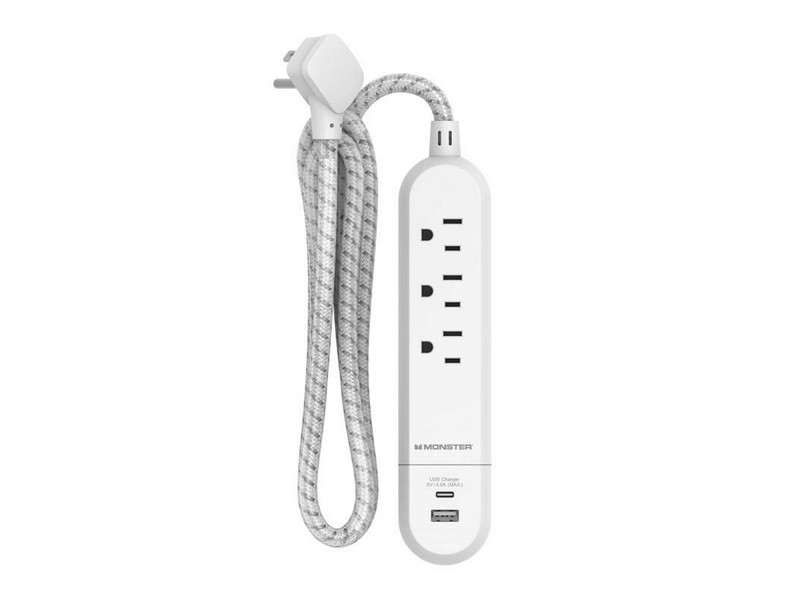 Monster 4 ft. L 3 outlets Power Strip with USB Ports White
