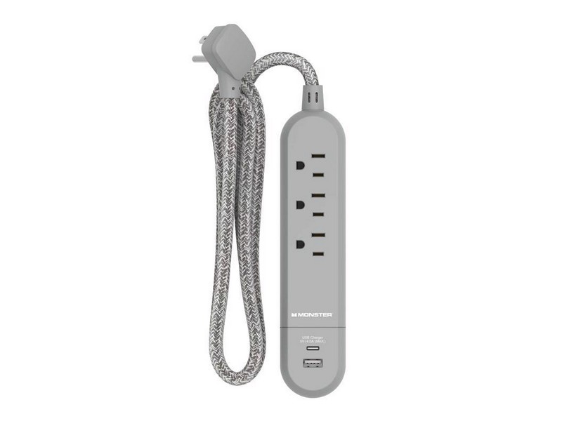 Monster 4 ft. L 3 outlets Power Strip with USB Ports Gray
