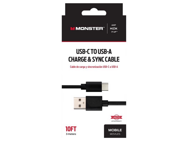 Monster Just Hook It Up USB-C to USB-A Charge and Sync Cable 10 ft. Black