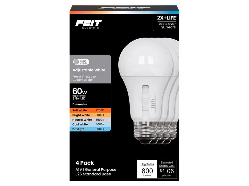 Feit A19 E26 (Medium) LED Bulb Adjustable White 60 Watt Equivalence 4 pk