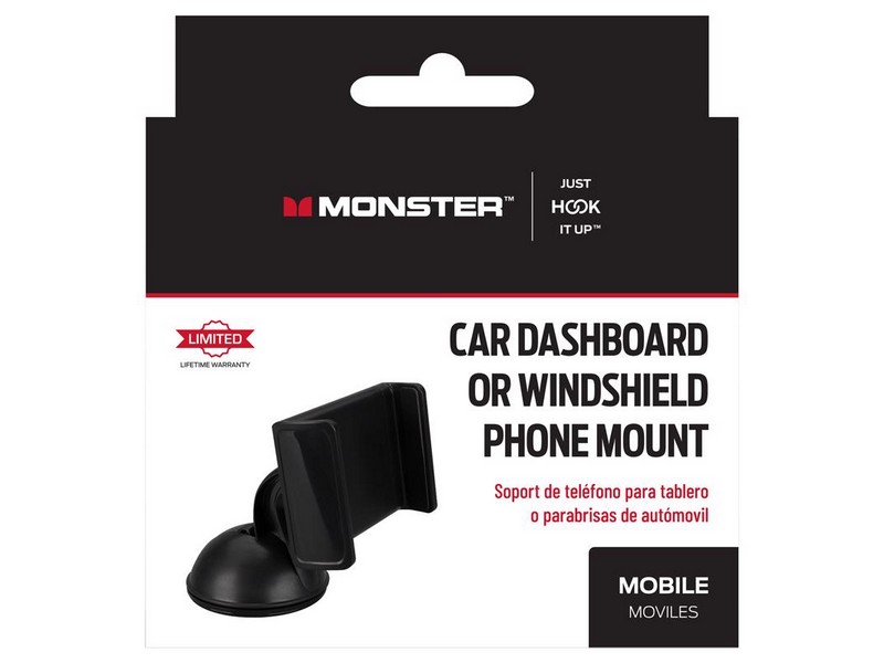 Monster Just Hook It Up Black Windshield Cell Phone Car Mount For Universal