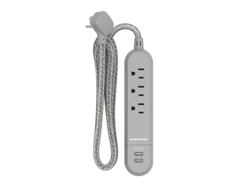 Monster 4 ft. L 3 outlets Power Strip with USB Ports Gray