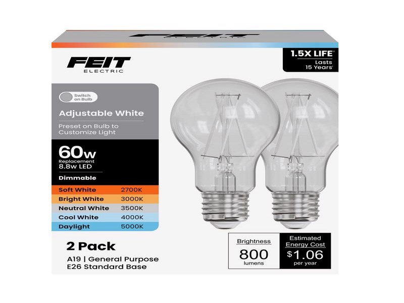 Feit A19 E26 (Medium) Filament LED Bulb Adjustable White 60 Watt