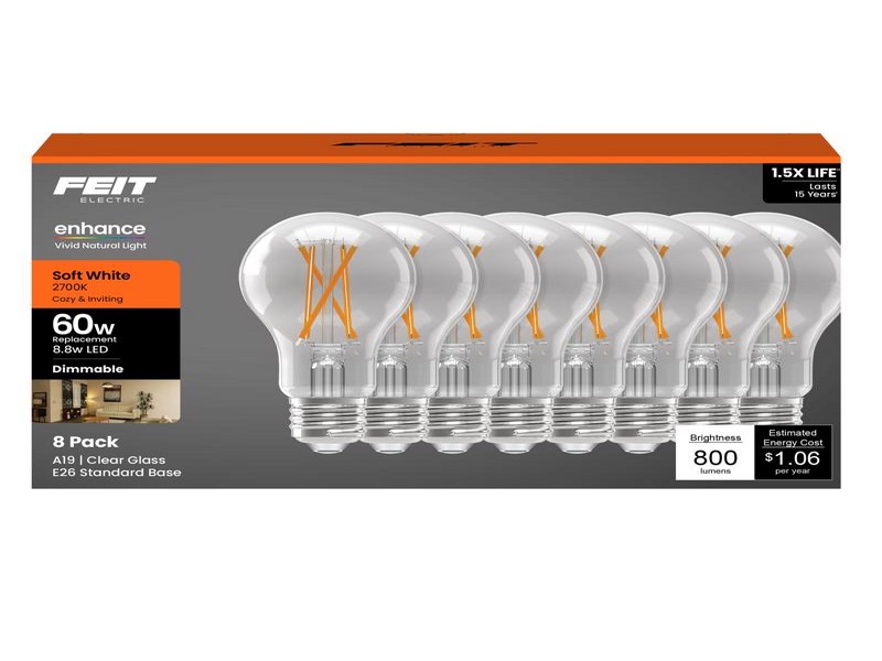 Feit A19 E26 (Medium) Filament LED Bulb Soft White 60 Watt Equivalence, 8 pk